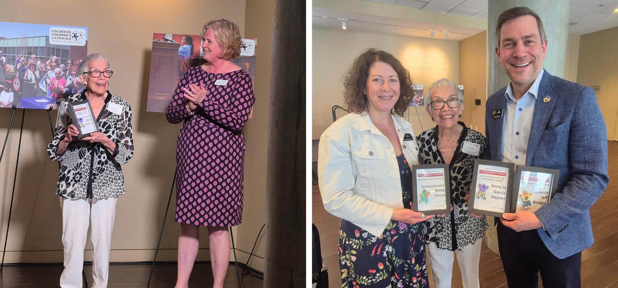 A split-screen photo shows Anna Jo Garcia Haynes receiving and posing with a "2024 Advocacy Lifetime Achievement" award alongside colleagues from the Colorado Children’s Campaign.