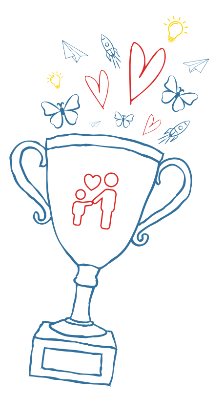 A hand-drawn style illustration of a large trophy cup outlined in blue. On the center of the cup is a red icon depicting an adult holding a child's hand with a heart above them. Bursting out of the top of the trophy are various whimsical sketches, including red hearts, blue butterflies, blue paper airplanes, blue rockets, and yellow lightbulbs.