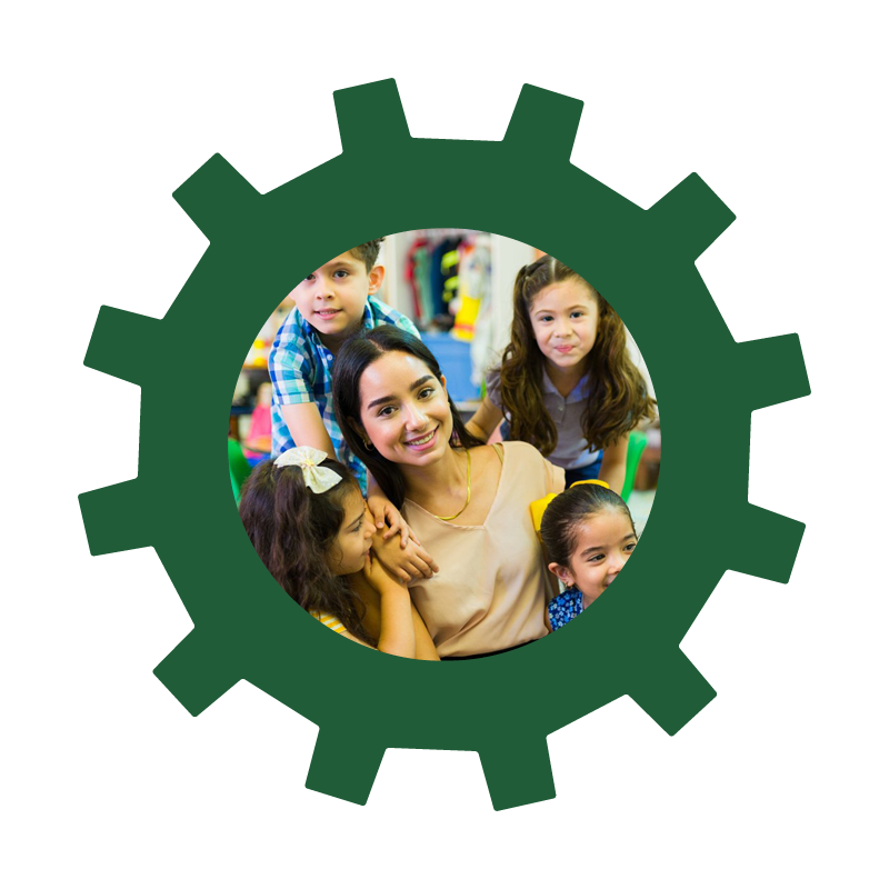 green gear with photo of teacher surrounded by young students