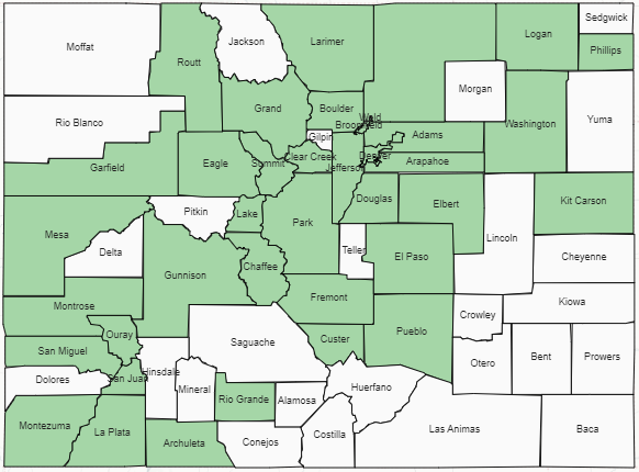 colorado map depicting counties with at least one grantee that exclusively serves the selected county
