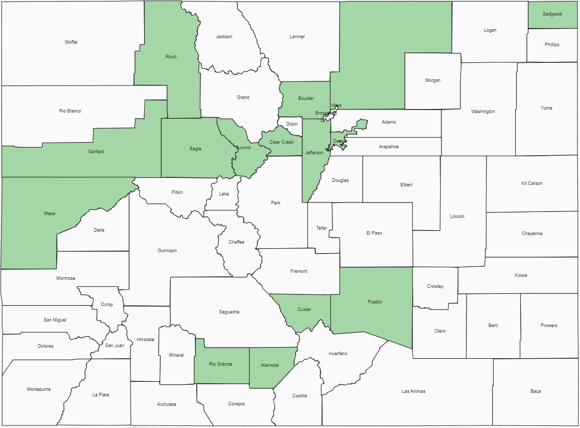 colorado map showing counties with at least one provider approved to receive grants