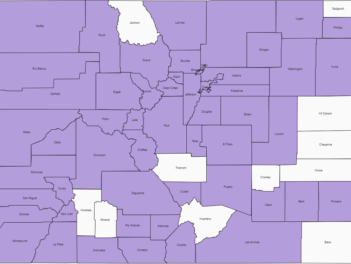 colorado counties map showing counties with at least one provider approved to receive health and mental health grants