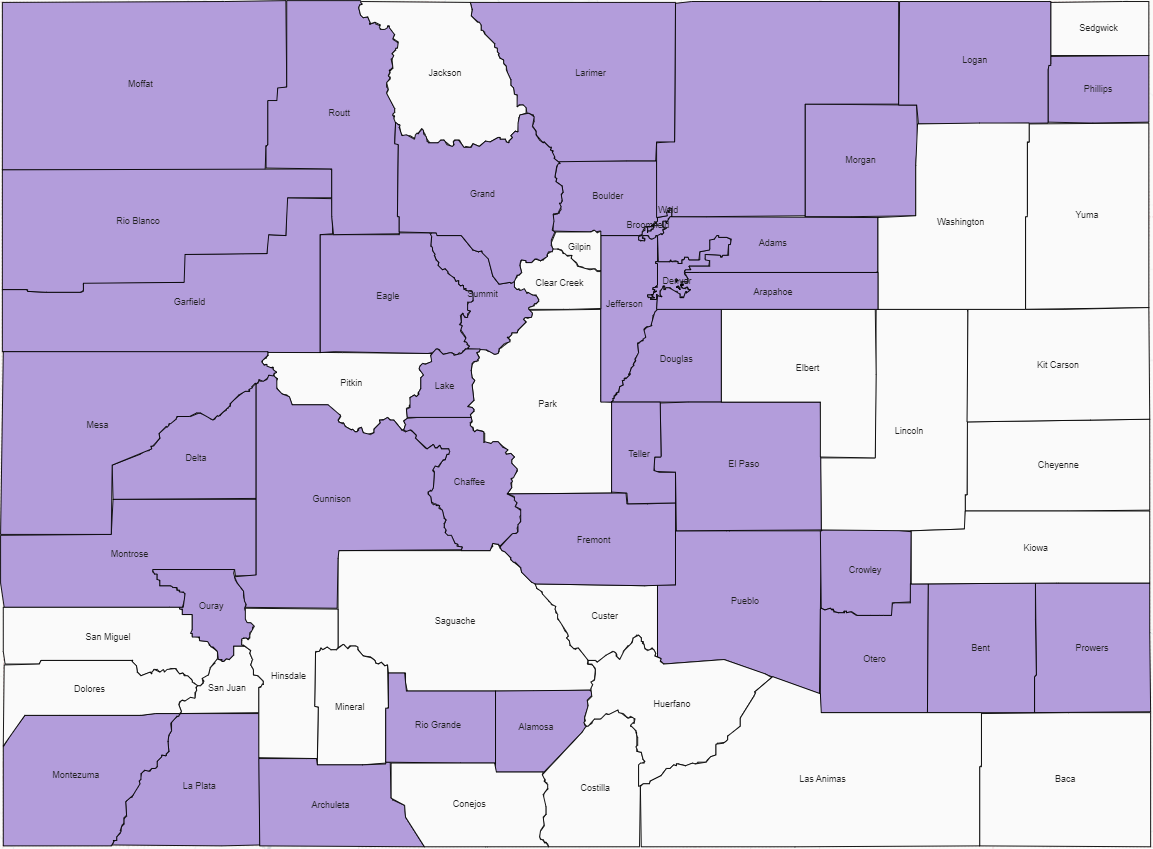 colorado map depicting counties with providers receiving grants
