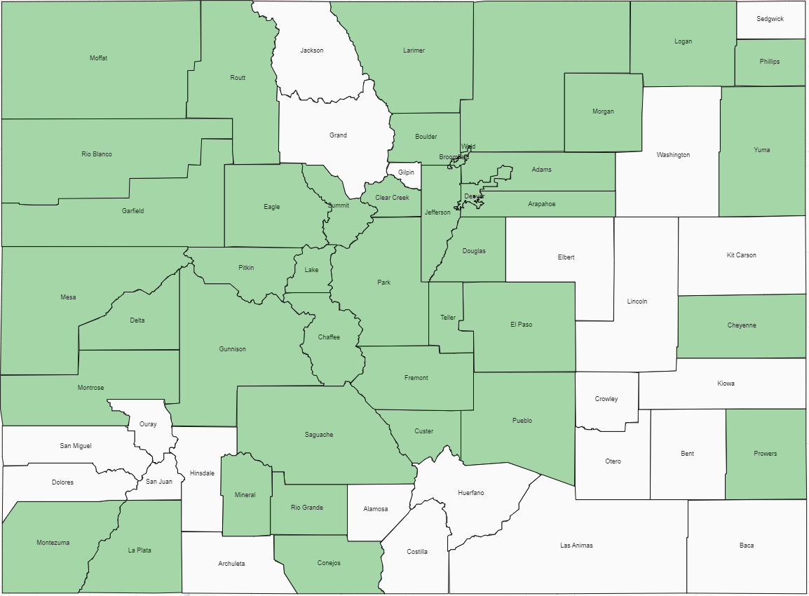 colorado map depicting counties with a provider approved to receive licensing bonus