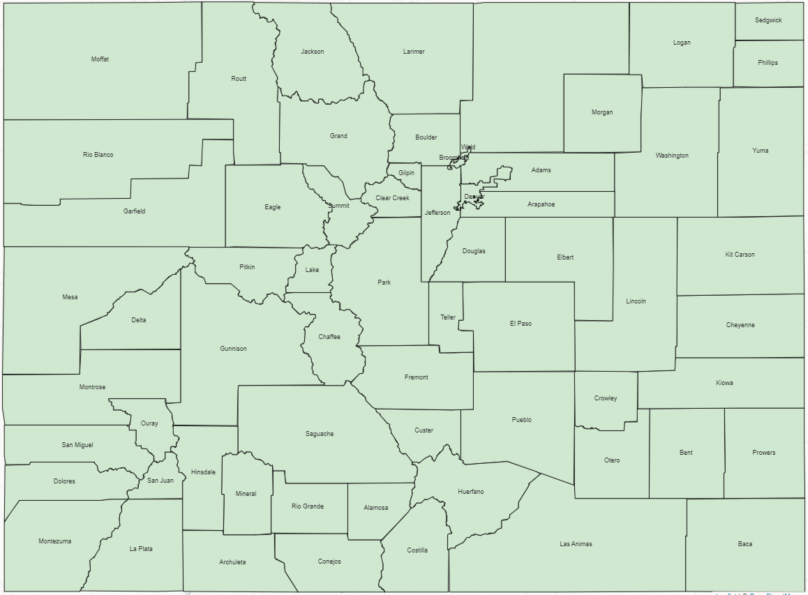 colorado map depicting counties with at least one provider receiving a stabilization grant and all counties are shaded