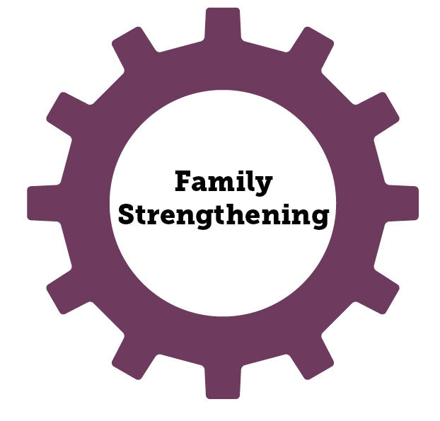 plum-colored gear graphic with the words family strengthening