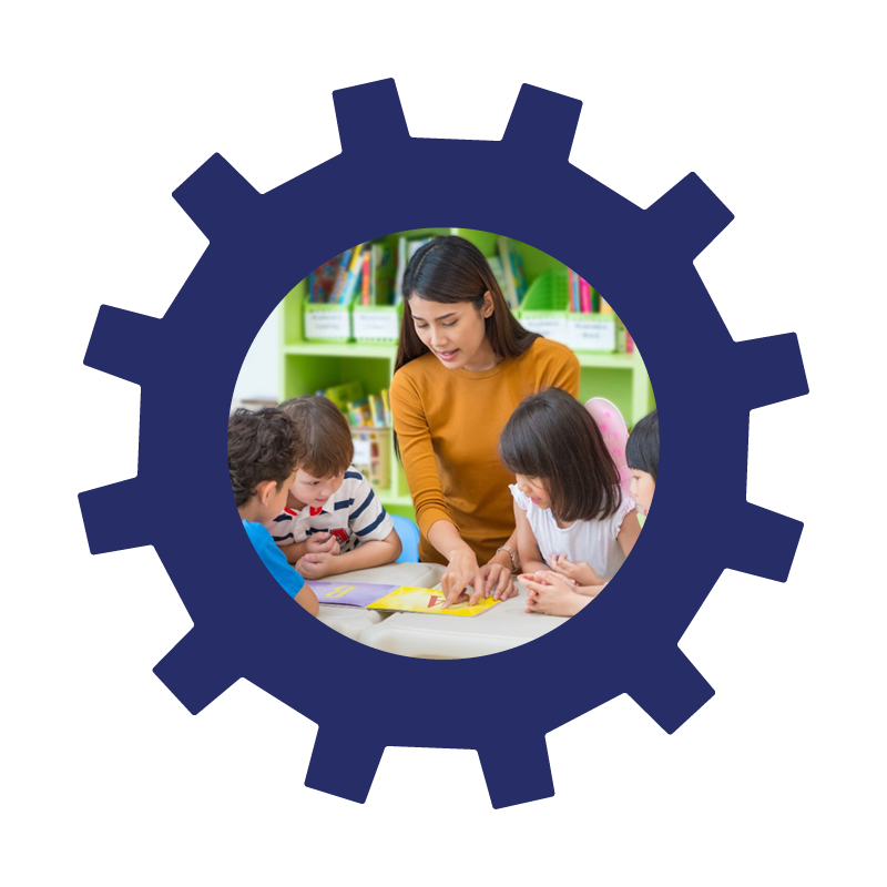 dark blue colored gear with picture of teacher reading with young students