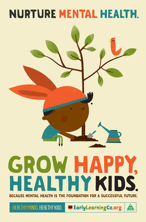 An illustration of a child planting a tree with the text, "Grow happy, healthy kids. Because mental health is the foundation for a successful future."